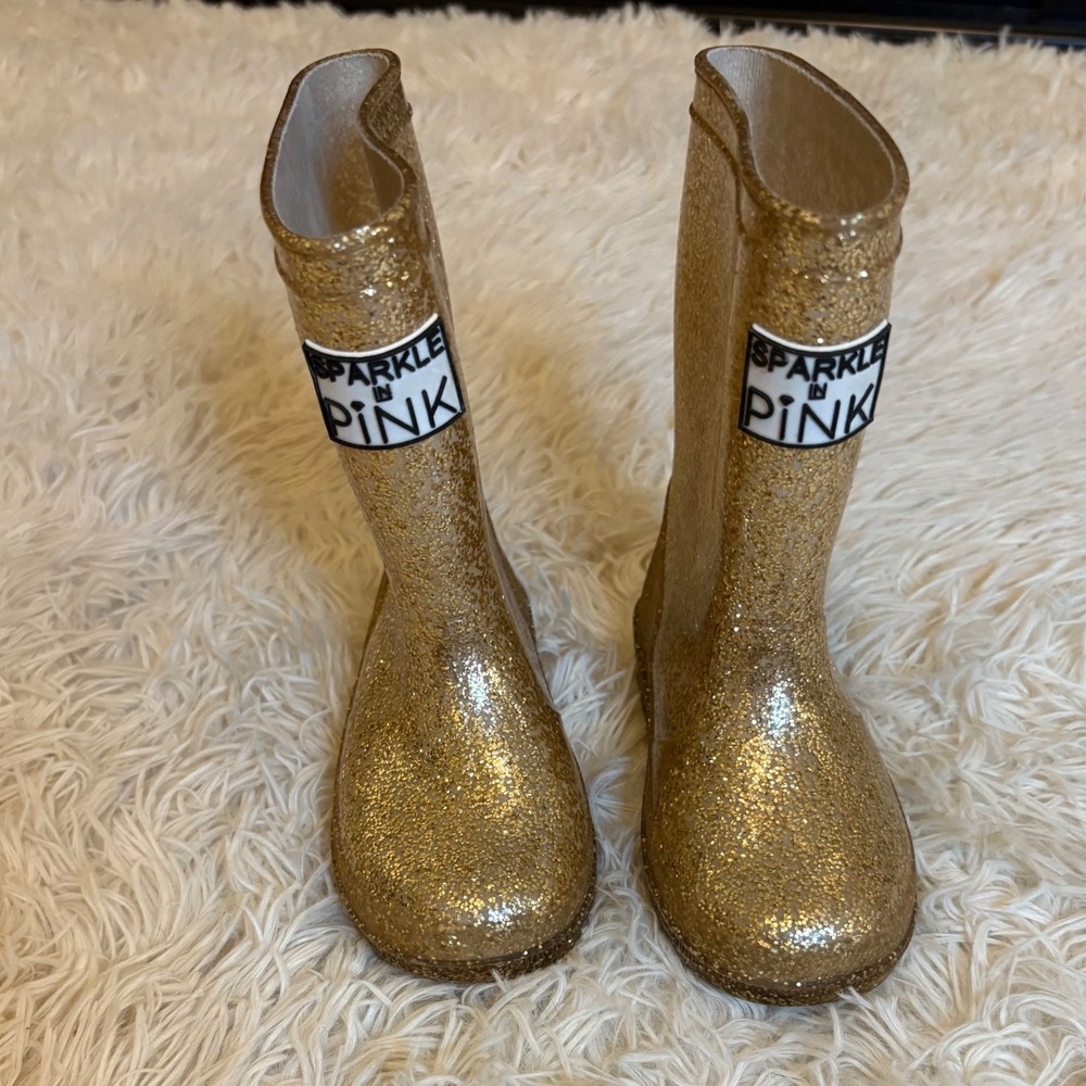 Sparkle in Pink Gold Glitter Rain Boots,‎ Kids Size 6, Shimmery, Fun